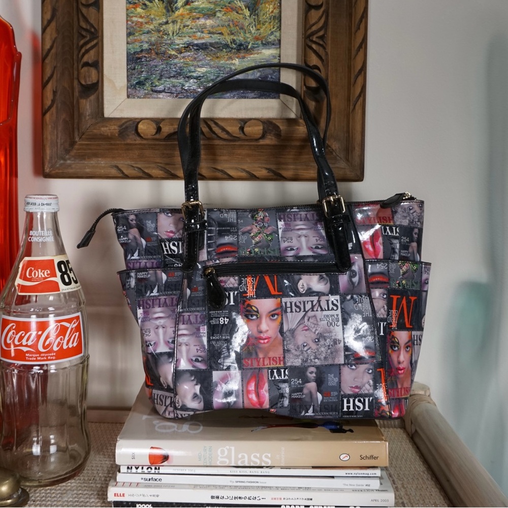 Y2k faux leather magazine print graphic tote shoulder bag